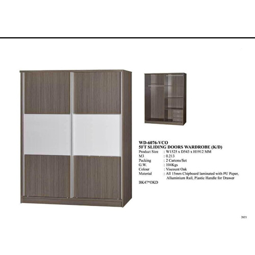 WD-6076-VCO 5FT 2 Sliding Doors Wardrobe